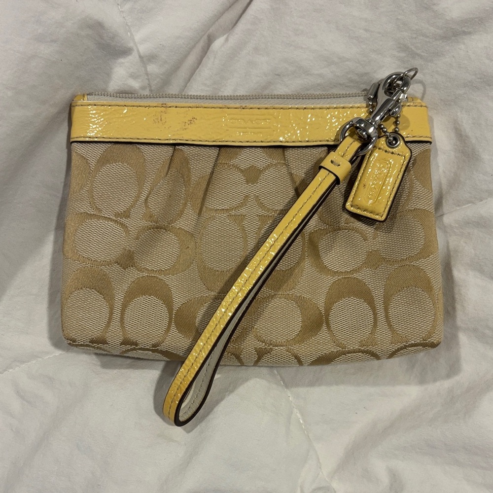 Coach Signature Canvas Wristlet with Yellow Trim